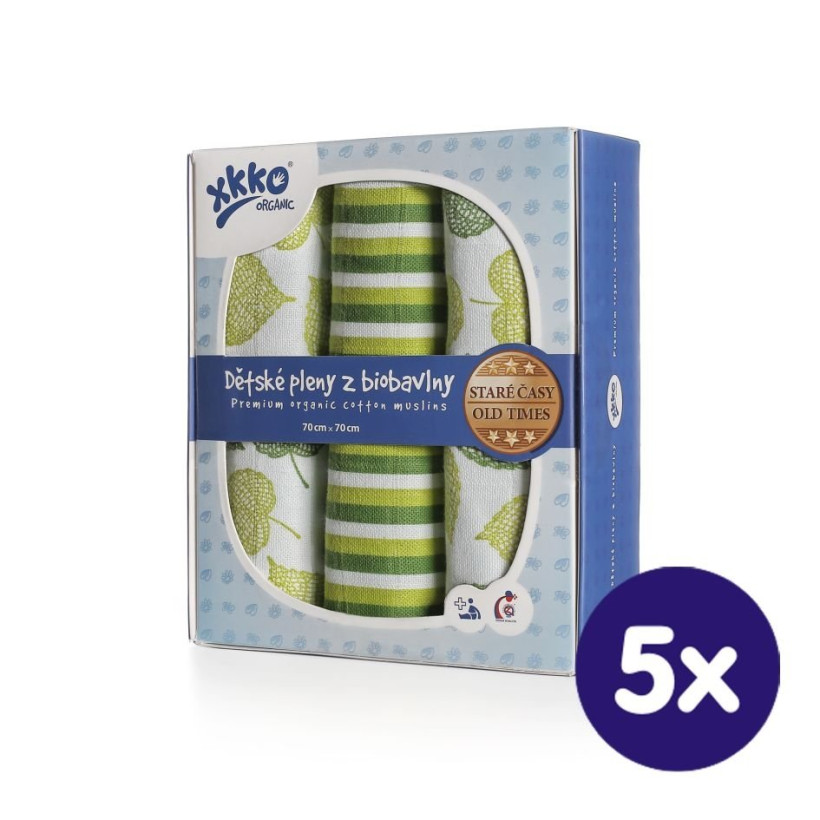BIO-Baumwolle Windeln XKKO Organic 70x70 Old Times - Linden 5x3er Pack (GH Packung)