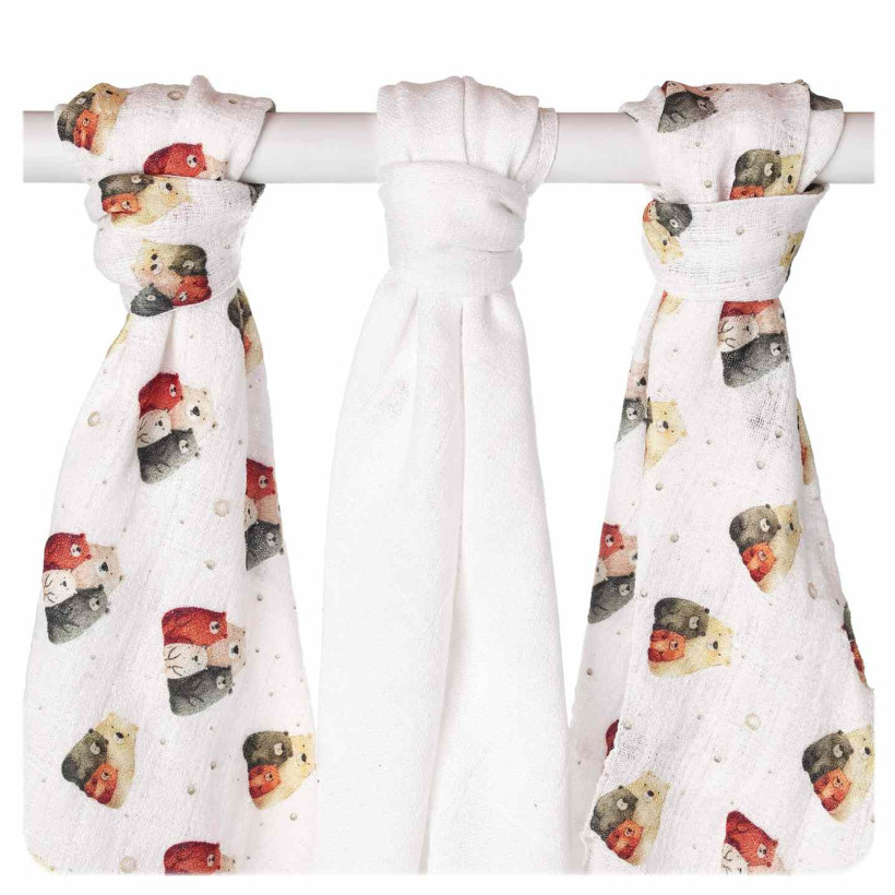 XKKO BMB Musselin Bambuswindeln 70x70 Digi - Bear Family 3er Pack