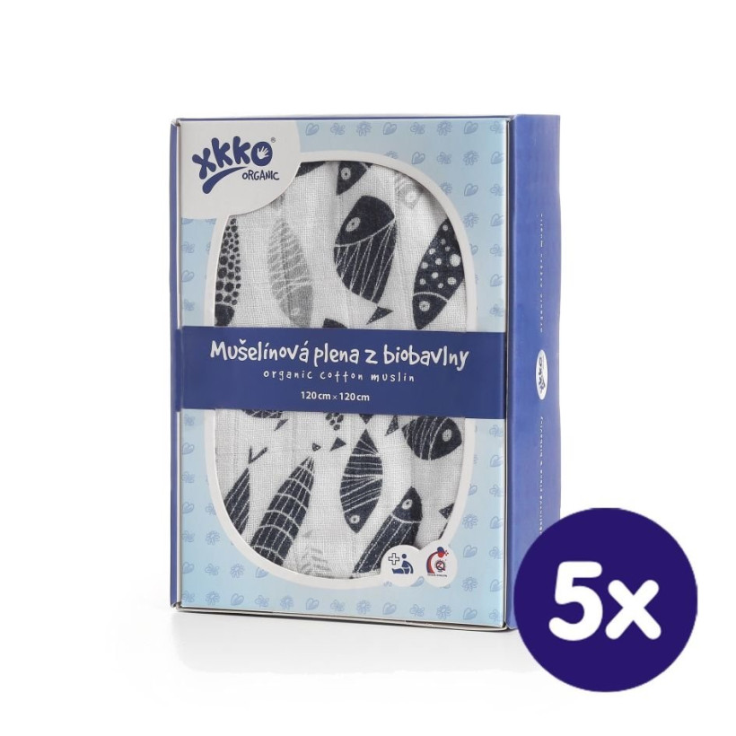 XKKO Organic Bio-Baumwolle Windel 120x120 - Silver Fish 5x1er Pack (GH Packung)