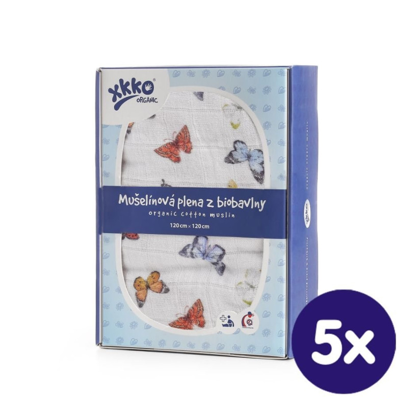 XKKO Organic Bio-Baumwolle Windel 120x120 - Butterflies 5x1er Pack (GH Packung)