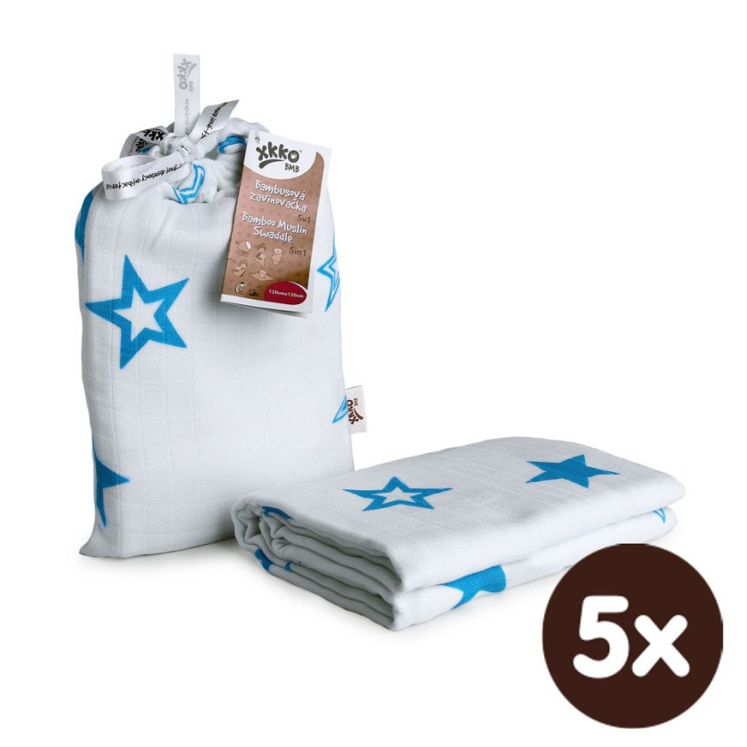 XKKO BMB Bambus Musselinwickeltuch 120x120 - Cyan Stars 5x1 St. (GH packung)