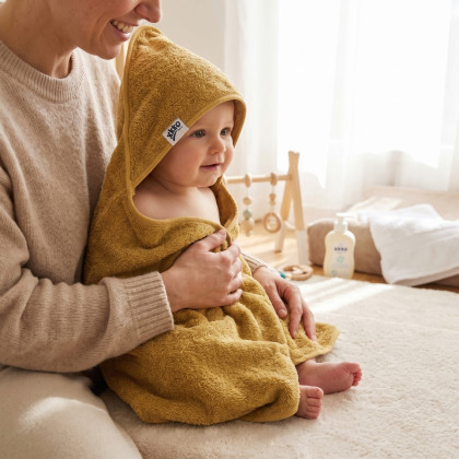 BIO Baumwollefrotteebadetuch mit Kapuze XKKO Organic 90x90 - Honey Mustard 1St.
