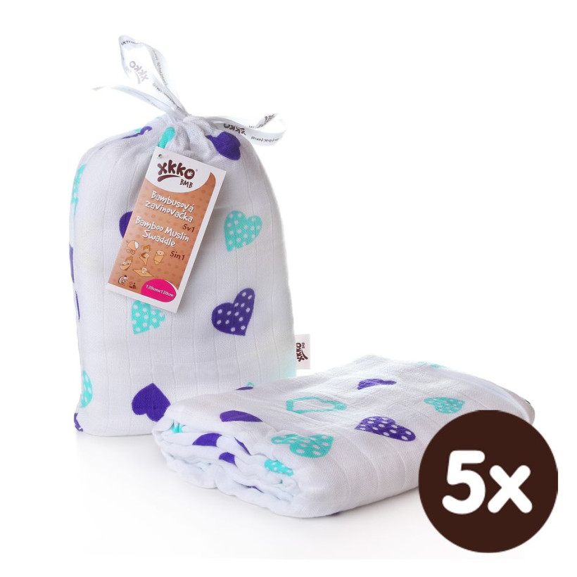 XKKO BMB Bambus Musselinwickeltuch 120x120 - Ocean Blue Hearts 5x1 St. (GH packung)