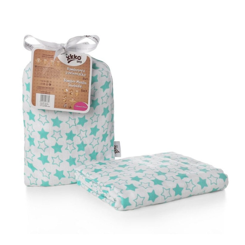 XKKO BMB Bambus Musselinwickeltuch 120x120 - Little Stars Turquoise 5x1 St. (GH packung)